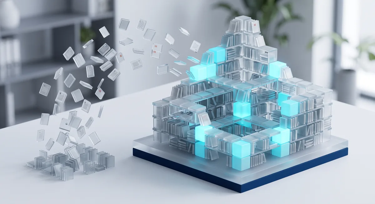Estructura modular de bloques de cristal construyéndose con documentos, algunos bloques iluminados en cian