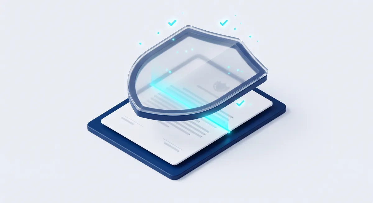 Escudo de cristal protegiendo un documento oficial mientras un haz cian lo verifica
